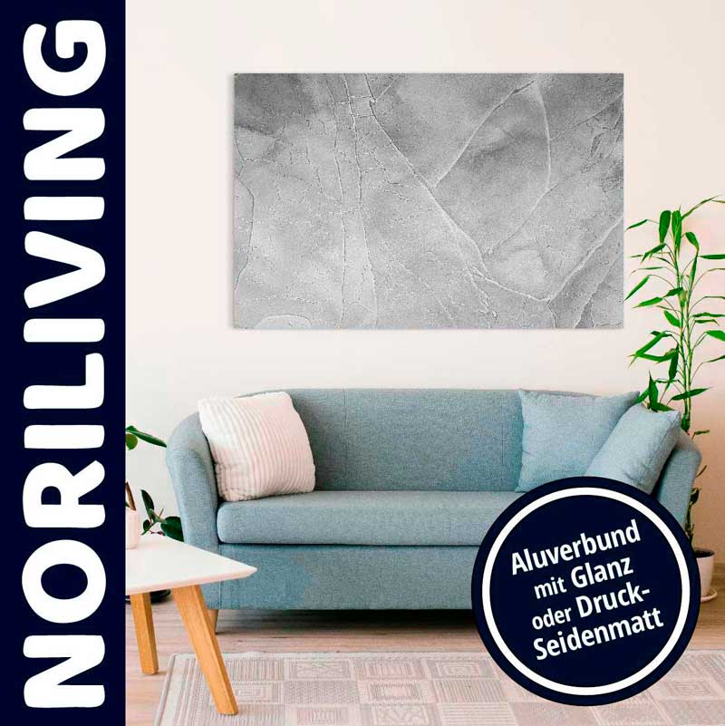 Wohnzimmer mit blauem Sofa und modernem Wandbild aus Aluverbund von NORILIVING, dekoriert mit Kissen und Pflanzen