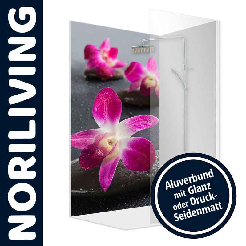Duschwand von NORILIVING mit lebendigem Orchideenmotiv, erhältlich auf Aluverbund mit Glanz oder Druck-Seidenmatt.