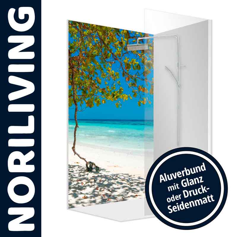 Duschrückwand mit tropischem Strandmotiv aus Aluverbund in Glanz oder Druck-Seidenmatt