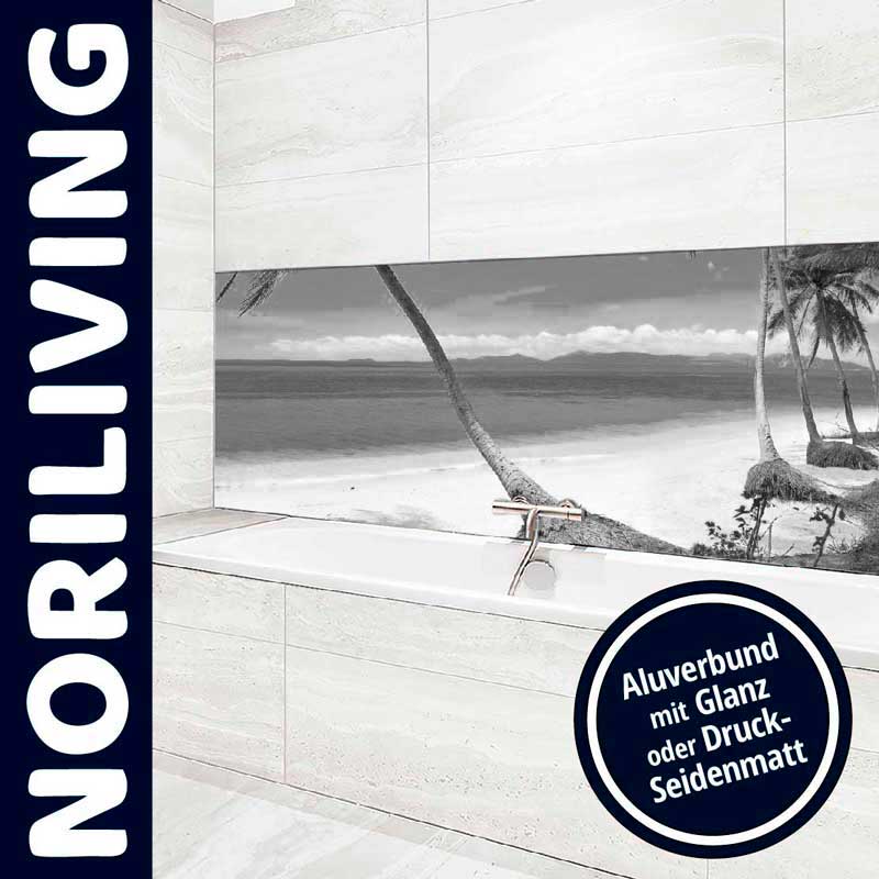 Badezimmer mit kreativem Strandmotiv-Wanddesign von Norliving, Aluverbund mit Glanz oder Druck-Seidenmatt im modernen Look
