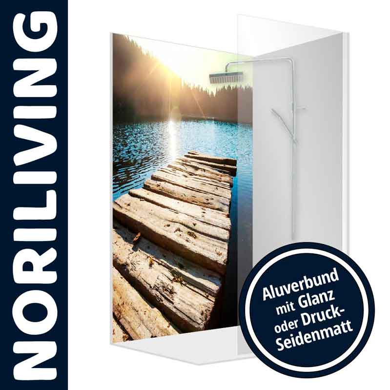 Duschrückwand mit Waldsee-Motiv, Aluverbund mit Glanz oder Druck-Seidenmatt