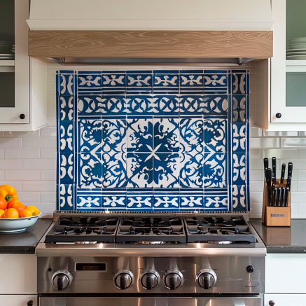 Küche mit traditionellem blau-weißem Fliesenmuster über Gasherd Gasherd in moderner Küche mit auffälligem blau-weißem Fliesenrückwand-Muster