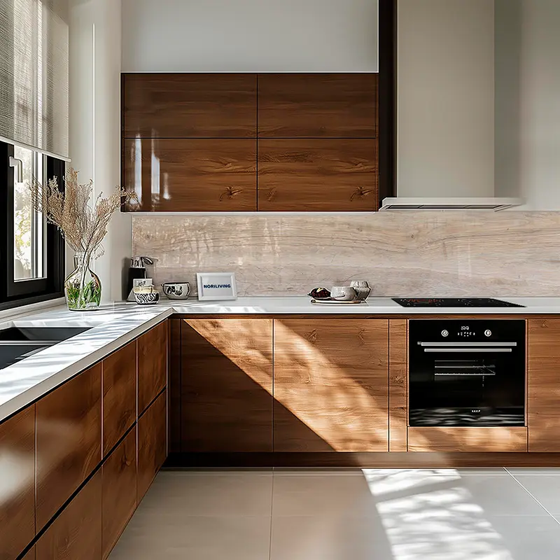 Moderne Küche mit Holzfronten, weißer Arbeitsplatte