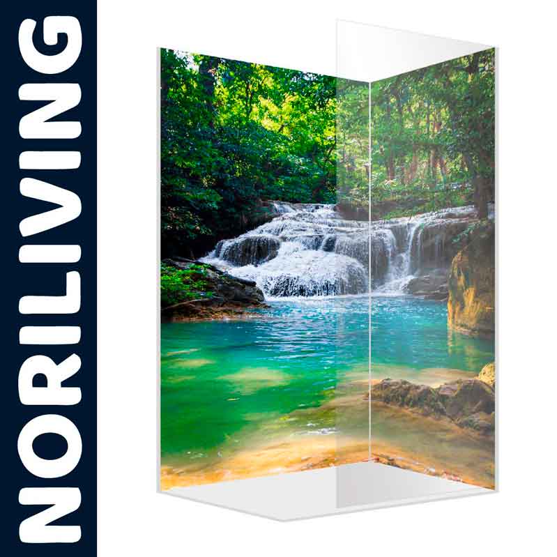 Duschabtrennung von Norliving mit naturgetreuem Wasserfall-Motiv auf Glasoberfläche