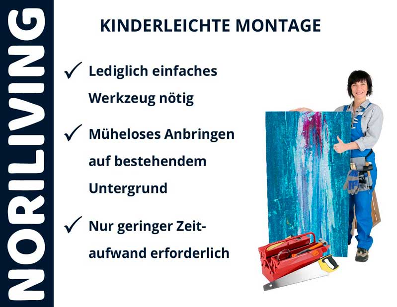 Eine Person in Arbeitskleidung zeigt auf ein Kunstwerk mit Text über kinderleichte Montage von NORILIVING Produkten. Haken symbolisieren einfache Installation, minimalen Zeitaufwand und notwendiges Werkzeug.