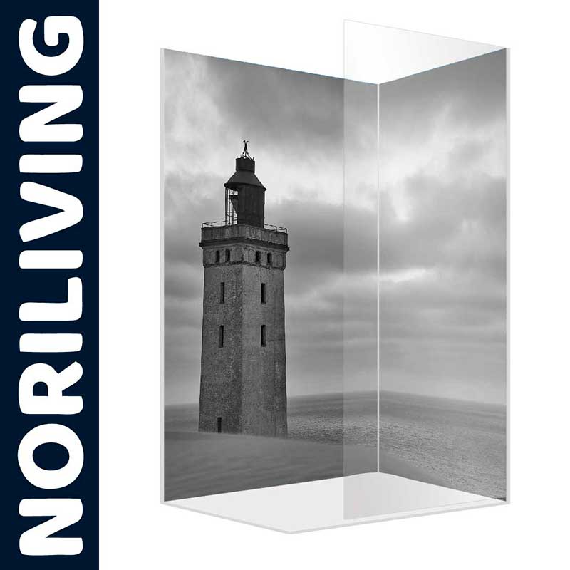 Fototapete mit Leuchtturm-Motiv von Noriliving Schwarz-weiße Fototapete mit Leuchtturm und Meer im Hintergrund, Marke Noriliving