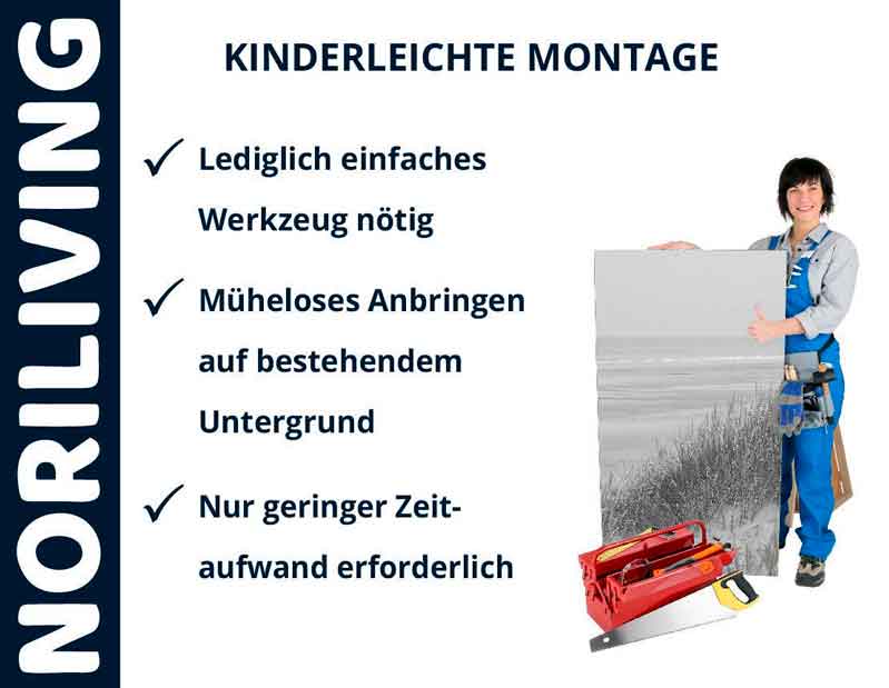 Noriliving Plakat mit Person, die die kinderleichte Handhabung und Montagevorteile präsentiert