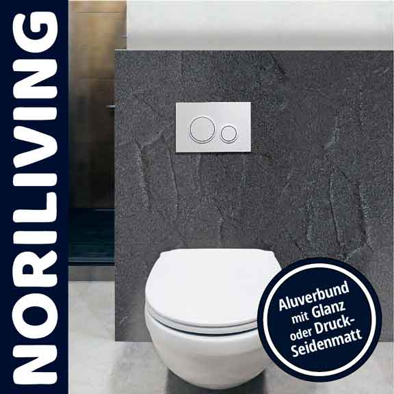 NORILIVING WC mit Aluverbundplatte in Glanz oder Druck-Seidenmatt Moderne Toilettenanlage von NORILIVING, ausgestattet mit einer stilvollen Aluverbundplatte zur Wandgestaltung in Glanz oder Druck-Seidenmatt.