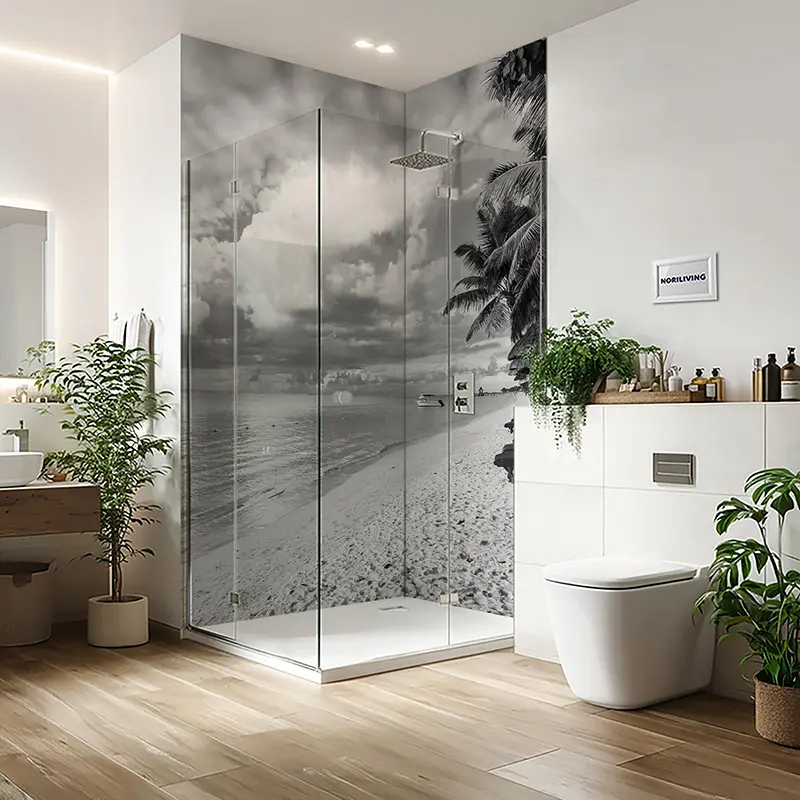 Duschrückwand Aluverbund Palmen am schönen Strand Mauritius 186 schwarz-weiß