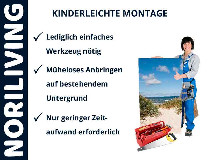 Werkzeugkasten und Person neben Bild mit Tipps zur kinderleichten Montage von Noriliving