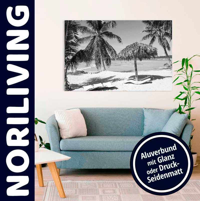 Elegantes Wandbild in Schwarz-Weiß mit Palmen und Strand, dekoriert über einem blauen Sofa im Wohnzimmer.