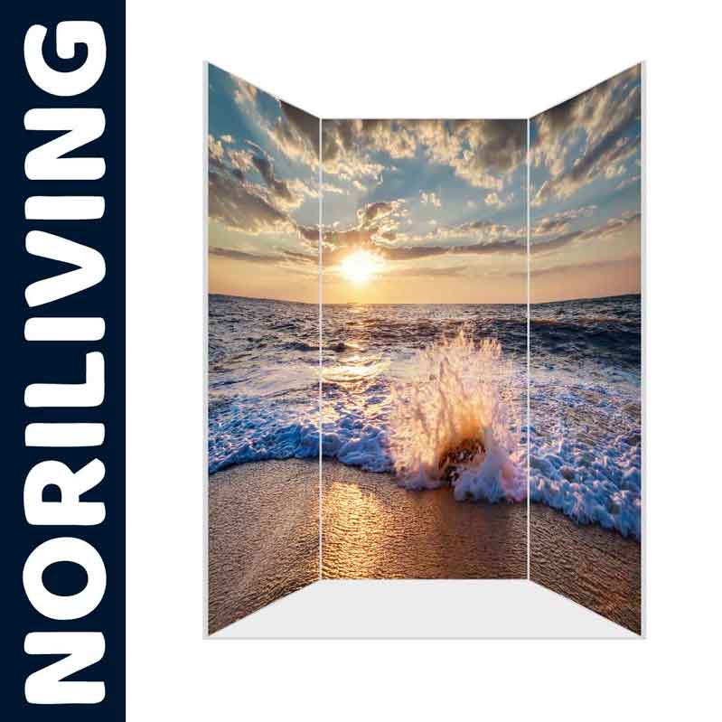 Paravent mit Sonnenuntergang am Strand und Meereswellen