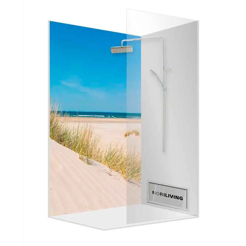 Glas-Duschwand mit Strandmotiv und Regendusche