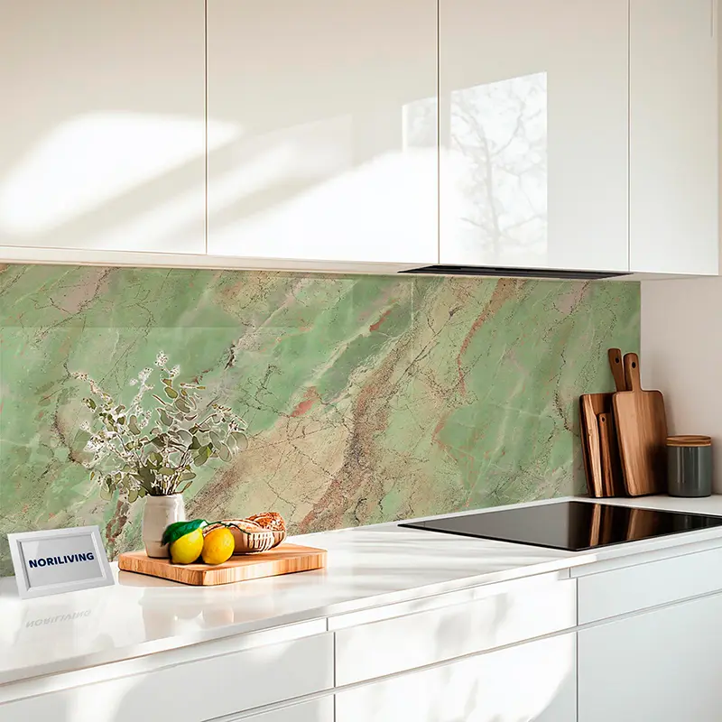 Küchenrückwand Alu Marmor blassgrün mit rötlichen Einschlüssen 038