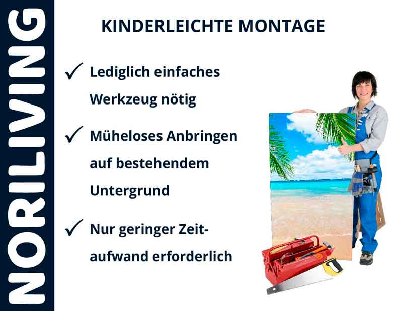 Poster eines blauen Strandes, präsentiert von einem Handwerker mit Werkzeugset, zeigt kinderleichte Montage.