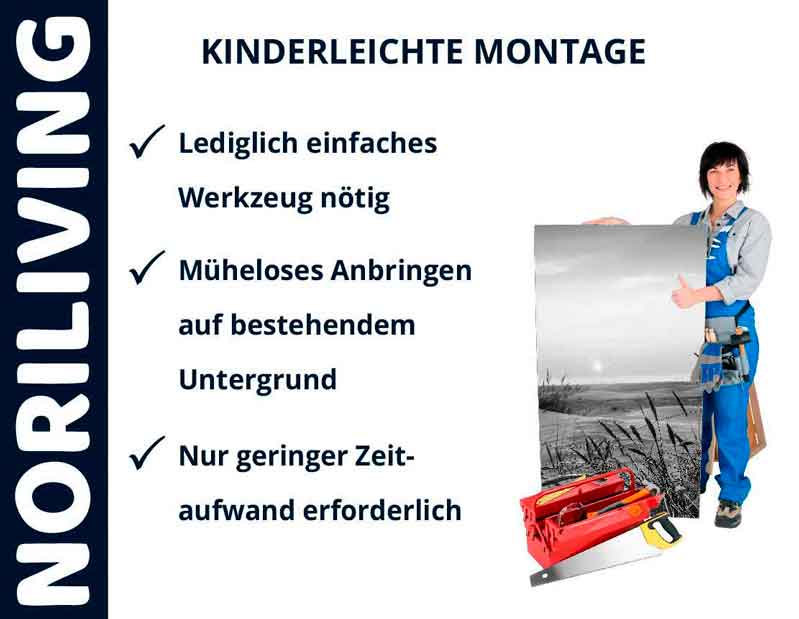 Person zeigt kinderleichte Montage mit Noriliving-Produkt; einfache Installation, wenig Aufwand erforderlich