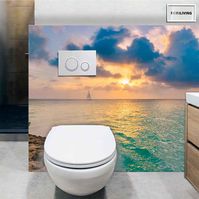 Toilette mit Fototapete: Sonnenuntergang am Meer Toilette vor Fototapete mit Sonnenuntergang und Meerblick