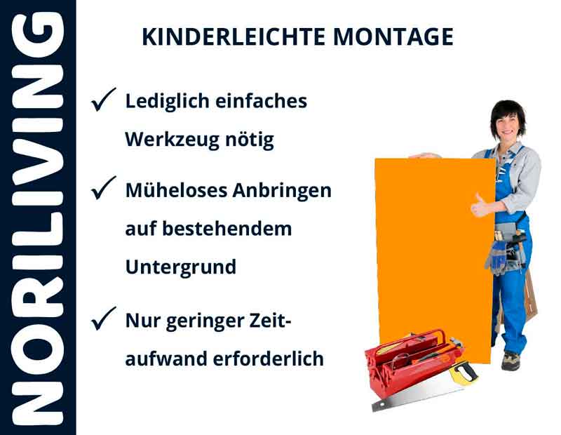 Frau zeigt kinderleichte Montage von Noriliving mit minimalem Werkzeugaufwand