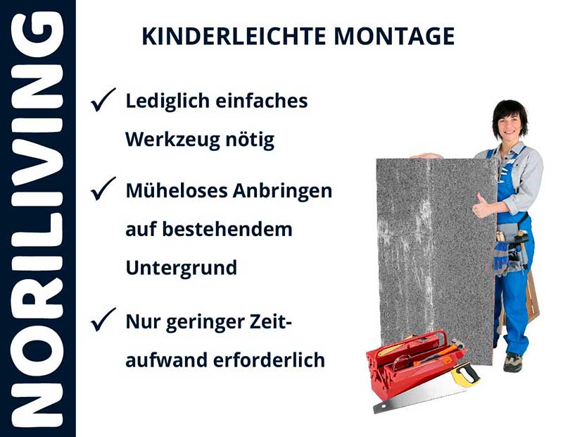 Noriliving Produktpräsentation mit den Vorteilen: kinderleichte Montage, nur einfaches Werkzeug nötig, müheloses Anbringen, geringer Zeitaufwand