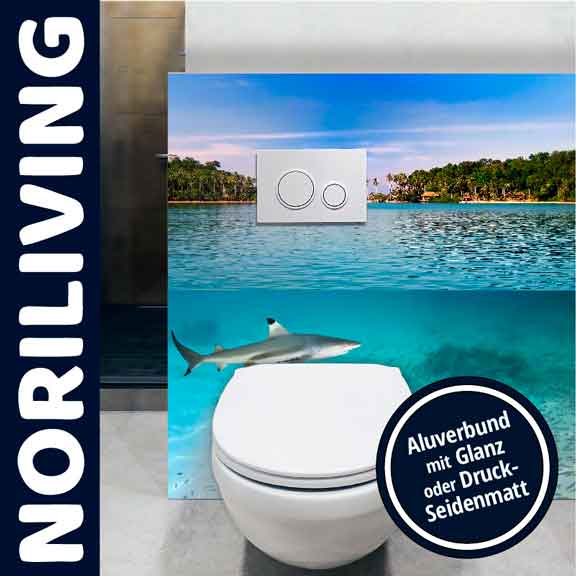 Toilette mit Aluverbundverkleidung, Meeresmotiv und Haifischbild, von Noriliving