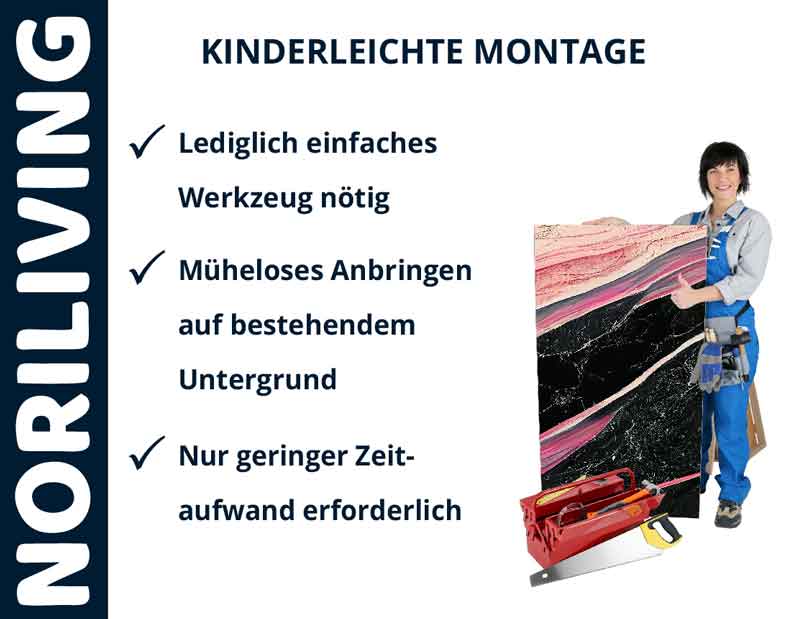 Frau präsentiert einfache Montage von Wanddekorationen mit minimalem Werkzeugeinsatz, beworben von NORILIVING.