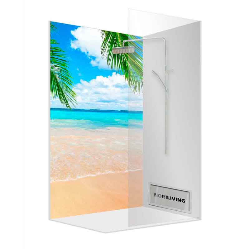 Eckduschkabine mit Strandbild an der Innenwand, Palmen und Meer im Motiv
