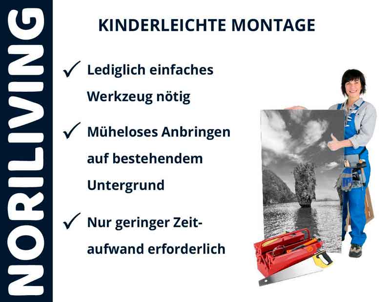 NORILIVING - Kinderleichte Montage mit minimalem Zeitaufwand und ohne Spezialwerkzeug NORILIVING Produktpräsentation: Einfache Montage ohne Spezialwerkzeug, geeignet für bestehenden Untergrund, minimaler Zeitaufwand.