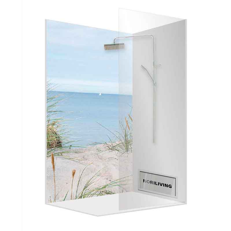 Duschkabine mit Meeresblick-Design und moderner Duscharmatur Moderne Duschkabine mit einem Glaswand-Design, das einen Strand und das Meer zeigt, ausgestattet mit einer eleganten Duscharmatur von NORILIVING.