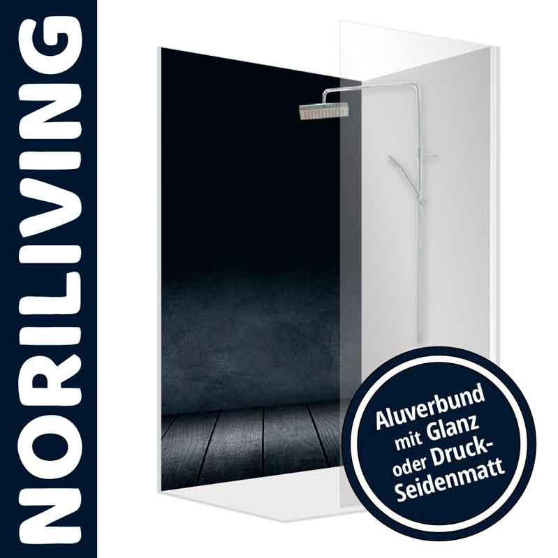 Duschtrennwand von Noriliving mit schwarzem Hintergrund und Hinweis auf Aluverbund in Glanz oder Druck-Seidenmatt