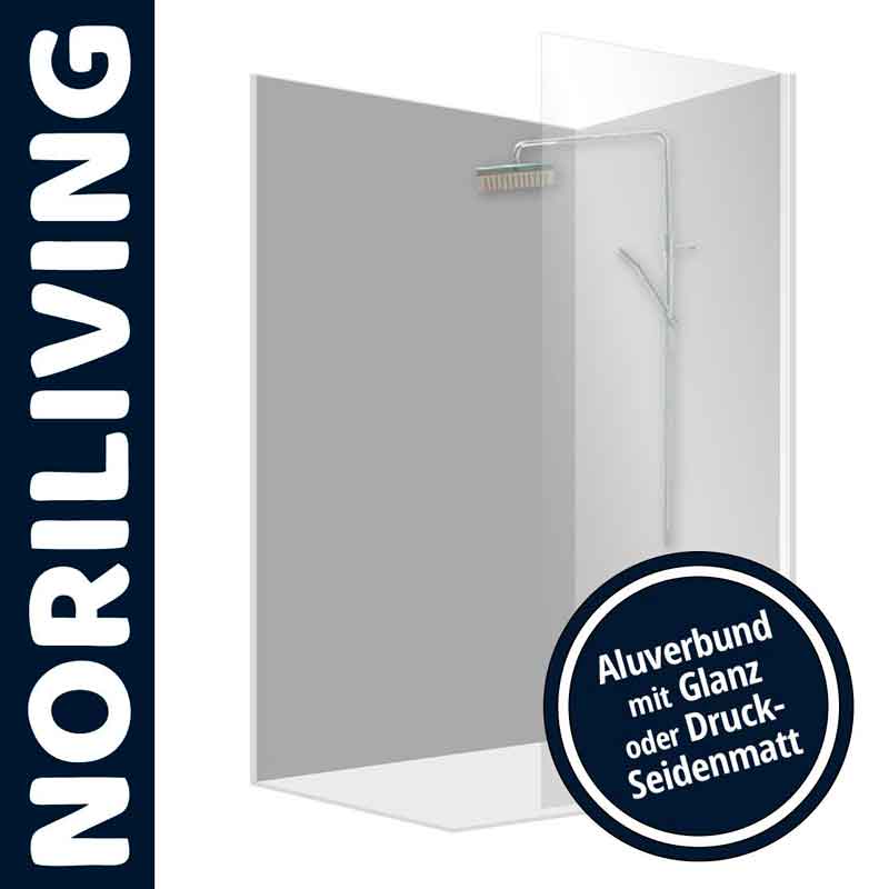Duschwand von NORILIVING aus Aluverbund, erhältlich in Glanz oder Druck-Seidenmatt