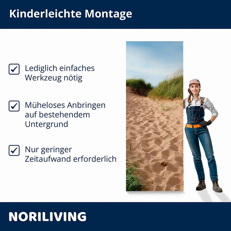 Wandbild mit Sanddüne und Hinweis auf einfache Montage