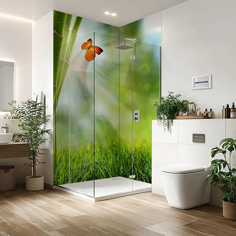 Duschrückwand Einzel | Ecke | Alu Wiese mit Bambus und Schmetterling 461