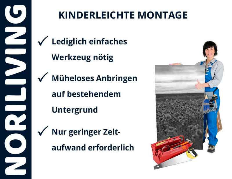 Person mit Werkzeugkasten und Tafel, die kinderleichte Montage und Werkzeuganforderungen zeigt