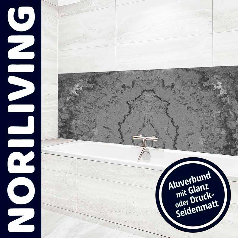 Badezimmer mit stilvoller grauer Rückwand aus Aluverbund mit Glanz- oder Druck-Seidenmatt-Option von Norliving