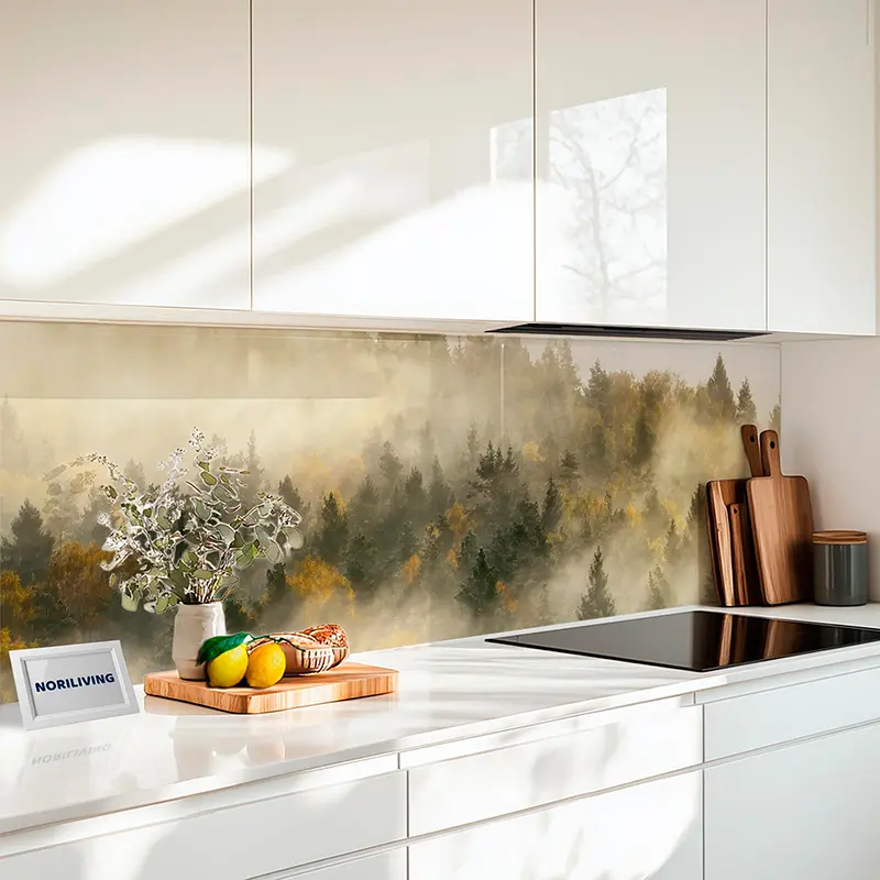 Küchenrückwand Alu Nadelwald und Fluss in einer Wolke von Nebel bei Sonnenaufgang 823