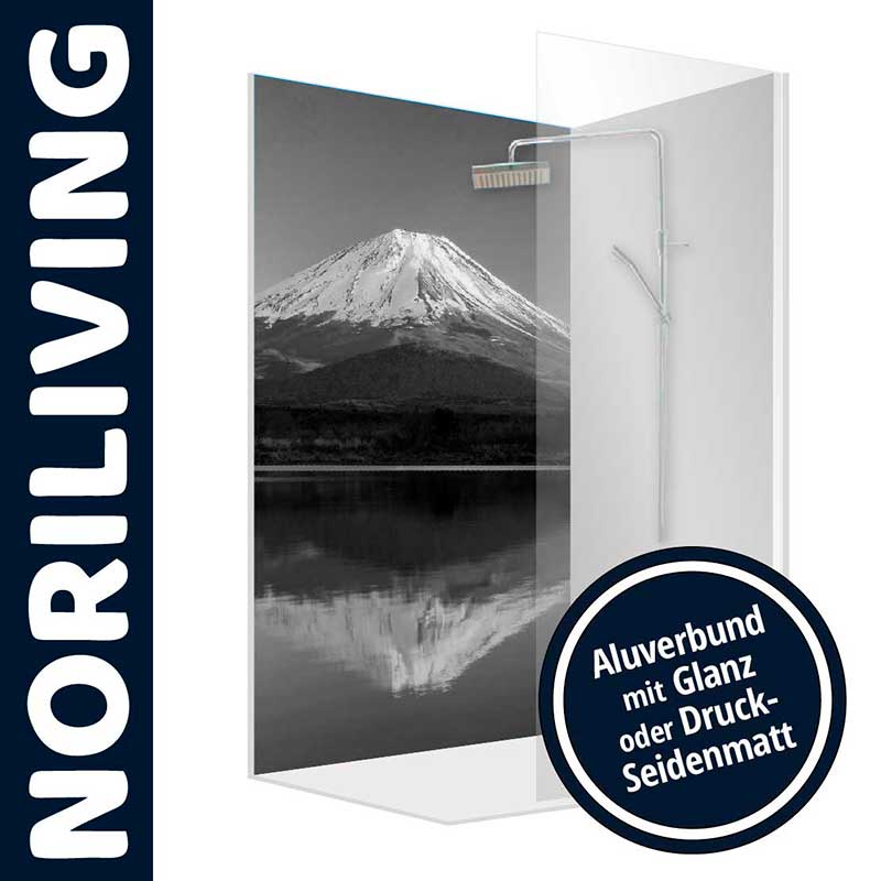 Duschtrennwand mit Bergmotiv und Aluminiumverbund, wählbar in Glanz oder Druck-Seidenmatt von Noriliving Elegante Duschtrennwand mit schwarz-weißem Bergmotiv, inklusive Aluminiumprofil, erhältlich mit glänzender oder seidenmatter Oberfläche