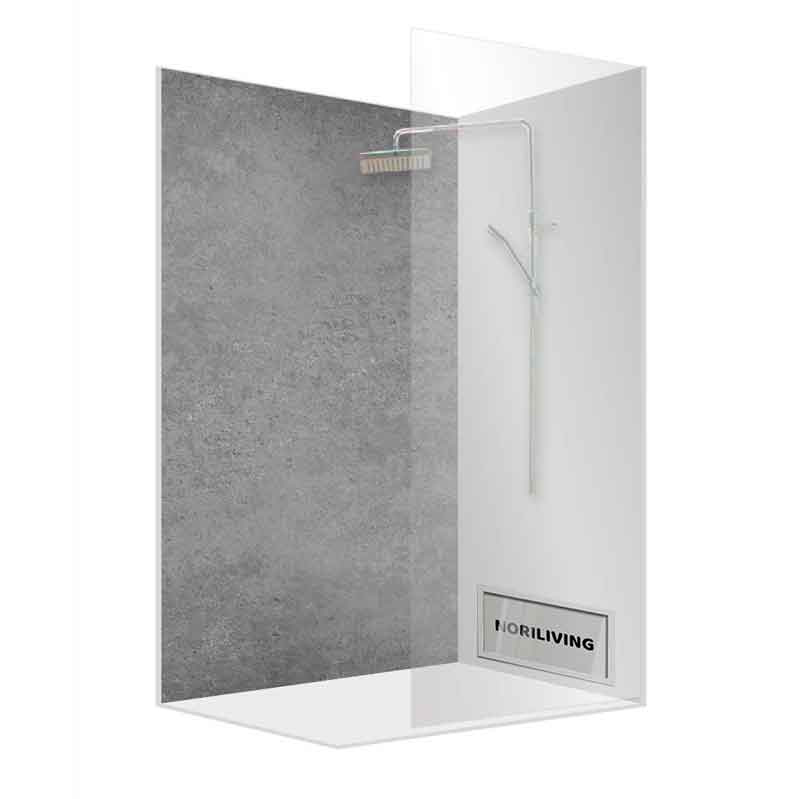 Moderne Duschkabine mit grauer Steinoptik und Edelstahl-Duschkopf Eckdusche mit modernem Design, grauer Steinoptik und Edelstahl-Duschkopf