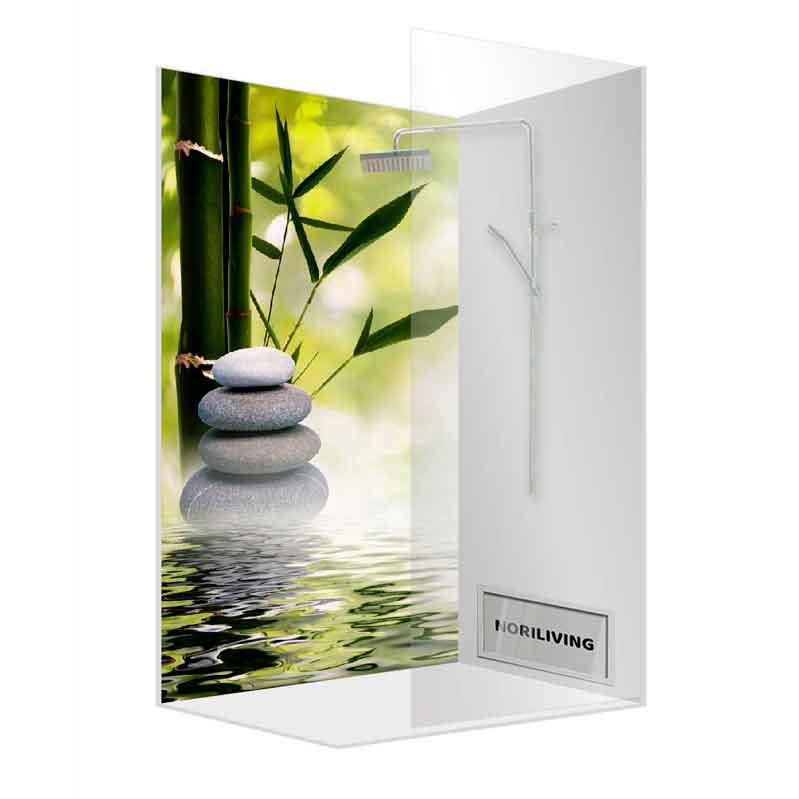 Kompakte Duschkabine mit Bambus- und Zen-Motiv, entspannende Dekoration