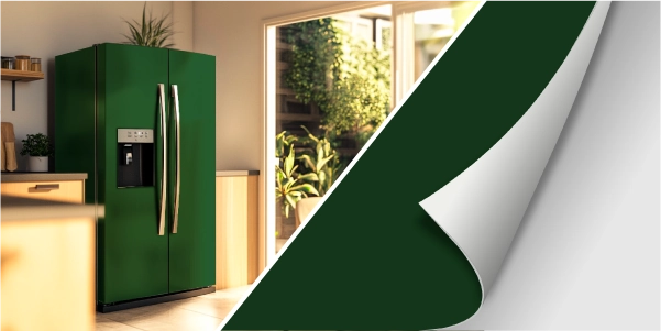 Grüner Kühlschrank mit Doppeltür und Wasser- und Eisspender in moderner Küche Moderner grüner Kühlschrank mit Doppeltür und Spender, umgeben von warmer Kücheneinrichtung und viel Tageslicht