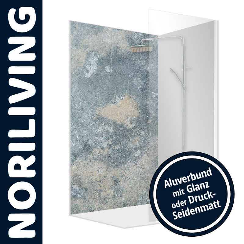 Duschwand von NORILIVING mit strukturierter Oberfläche, erhältlich in Glanz oder Druck-Seidenmatt