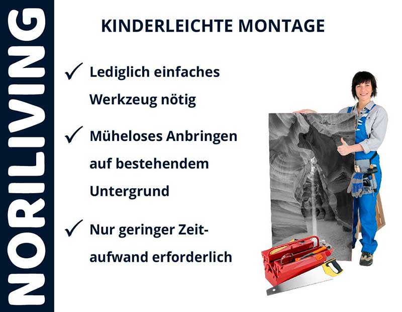 NORILIVING - Kinderleichte Montage mit einfachem Werkzeug NORILIVING Produktplakat: Einfache Montage, wenig Zeitaufwand, wenig Werkzeug nötig, Person hält ein Bild mit Werkzeugkoffer