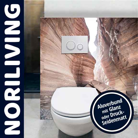 Moderne Badezimmergestaltung mit Kanyon-Motiv und Alubund in Glanz oder Druck-Seidenmatt von Noriliving