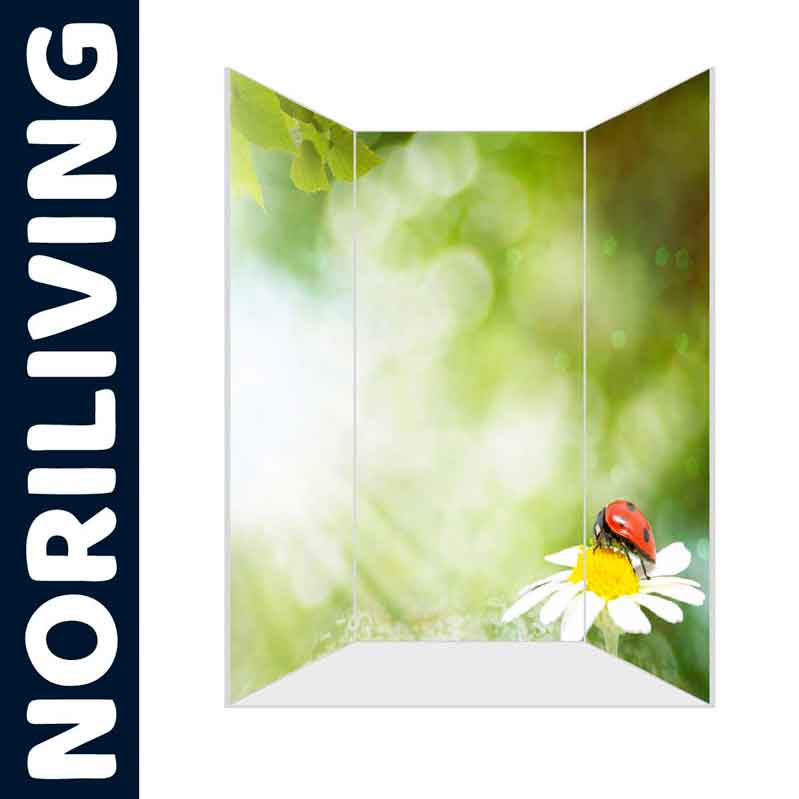 Dekorativer Raumteiler mit grünem Hintergrund, Gänseblume und Marienkäfer