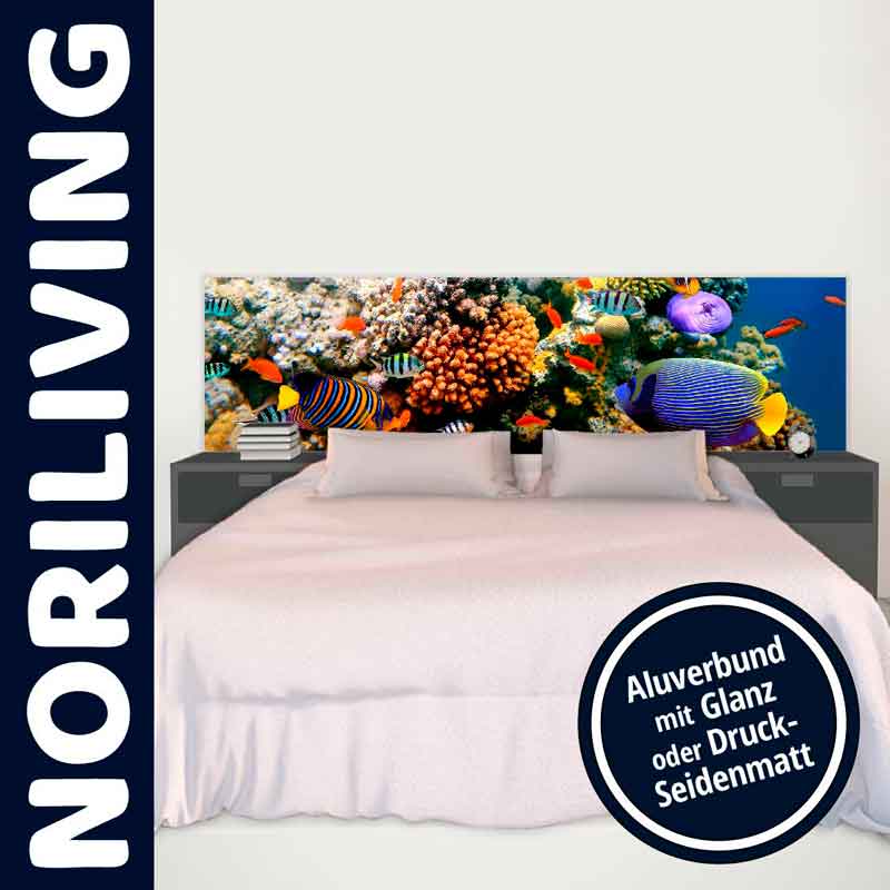 Bettrückwand mit Meeresmotiv – NORILIVING Design Schlafzimmer mit bunter Meereskorallen-Bettrückwand von NORILIVING