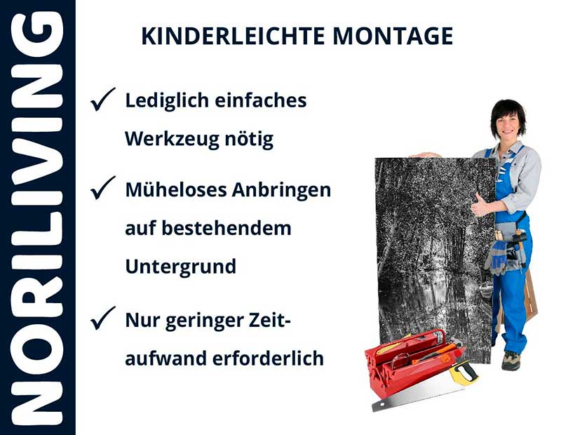 Kinderleichte Montage mit Noriliving - Einfaches Werkzeug nötig, müheloses Anbringen, geringer Zeitaufwand Noriliving Montageinformationen mit Frau, die ein Bild hält. Einfache Werkzeuge und wenig Zeitaufwand nötig.