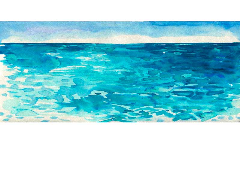 Aquarellgemälde zeigt eine ruhige Meereslandschaft mit verschiedenen Blautönen und einem wolkigen Himmel