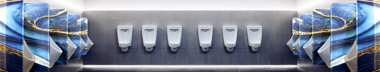 Reihe von Urinalen in einer modernen Toilette mit kunstvoll gestalteten Trennwänden in Blau und Gold