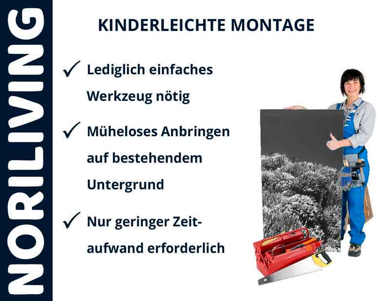 Person präsentiert einfach zu montierendes Produkt von NORILIVING. Einfache Werkzeuge ausreichend, müheloses Anbringen und geringer Zeitaufwand erforderlich.