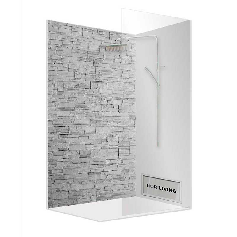 Moderne Duschkabine mit Steinwand und transparenter Glasscheibe