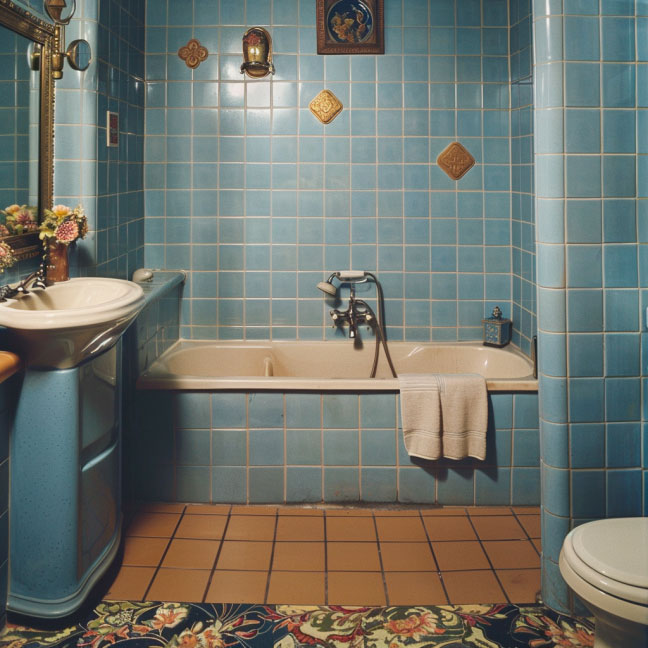Retro Badezimmer mit blauen Fliesen, Badewanne, Waschbecken und dekorativem Fliesenmuster an der Wand